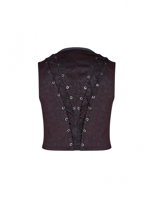 Front Chest Three-Dimensional Pattern Ribbon Metal Eyelets Lace-Up Dark Red Gothic Vest
