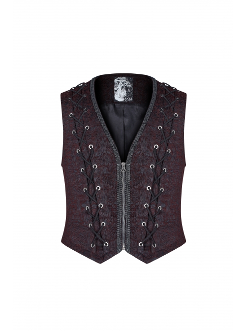 Front Chest Three-Dimensional Pattern Ribbon Metal Eyelets Lace-Up Dark Red Gothic Vest