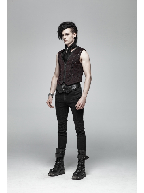 Front Chest Three-Dimensional Pattern Ribbon Metal Eyelets Lace-Up Dark Red Gothic Vest