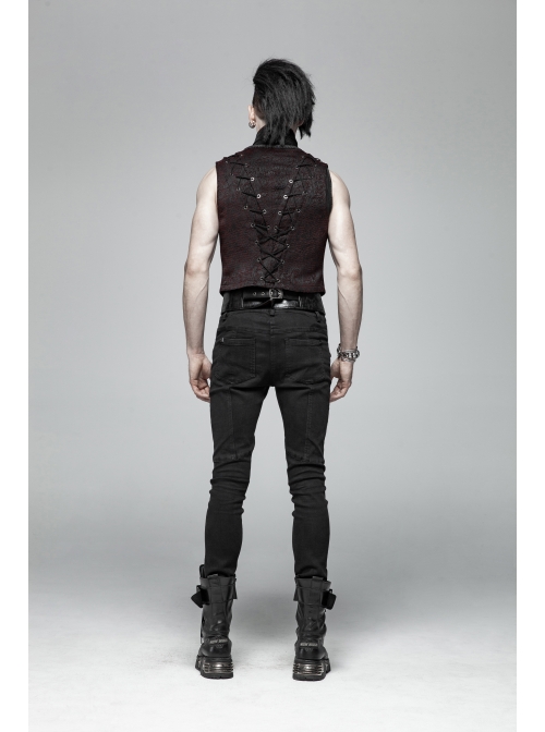Front Chest Three-Dimensional Pattern Ribbon Metal Eyelets Lace-Up Dark Red Gothic Vest
