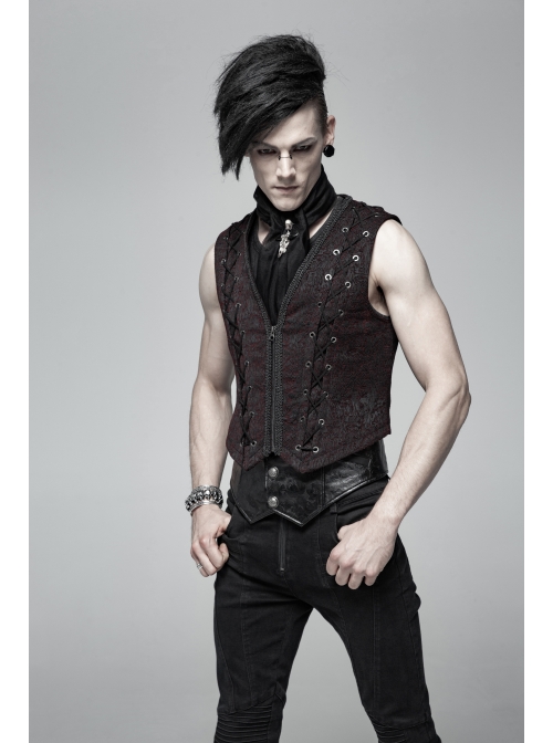 Front Chest Three-Dimensional Pattern Ribbon Metal Eyelets Lace-Up Dark Red Gothic Vest
