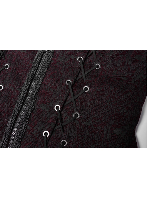 Front Chest Three-Dimensional Pattern Ribbon Metal Eyelets Lace-Up Dark Red Gothic Vest