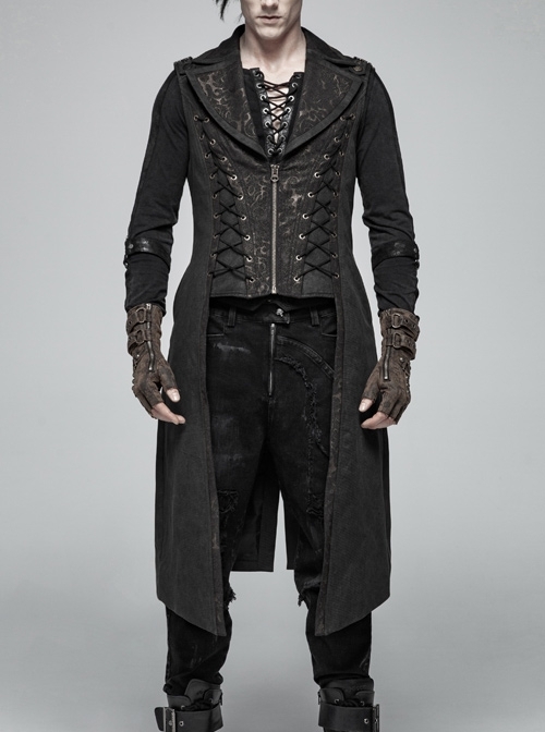 Front Zipper Metal Eyelets Lace-Up Back Waist Hasp Black Punk Print Long Vest