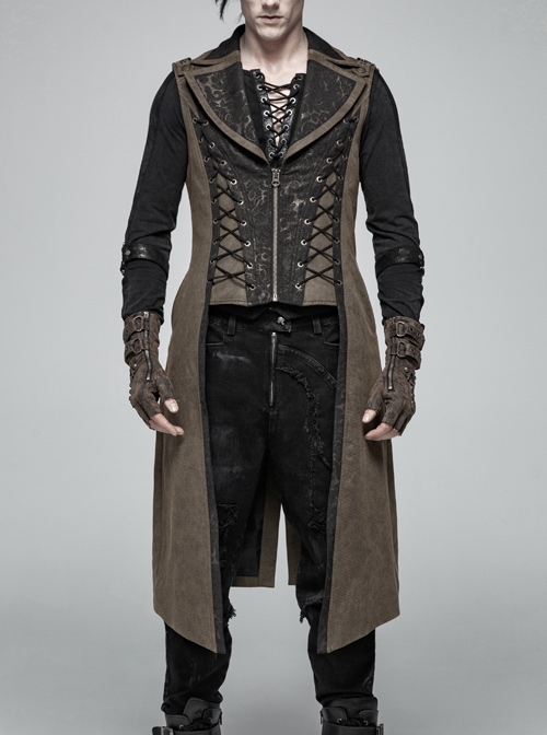 Front Zipper Metal Eyelets Lace-Up Back Waist Hasp Brown Punk Print Long Vest
