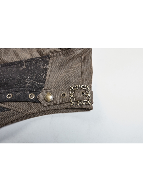 Front Zipper Metal Eyelets Lace-Up Back Waist Hasp Brown Punk Print Long Vest