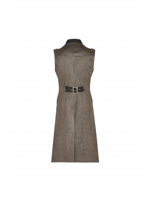Front Zipper Metal Eyelets Lace-Up Back Waist Hasp Brown Punk Print Long Vest