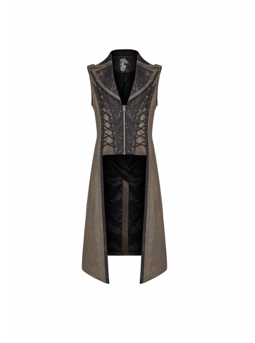 Front Zipper Metal Eyelets Lace-Up Back Waist Hasp Brown Punk Print Long Vest