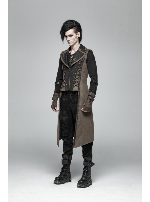 Front Zipper Metal Eyelets Lace-Up Back Waist Hasp Brown Punk Print Long Vest