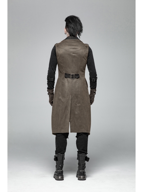 Front Zipper Metal Eyelets Lace-Up Back Waist Hasp Brown Punk Print Long Vest