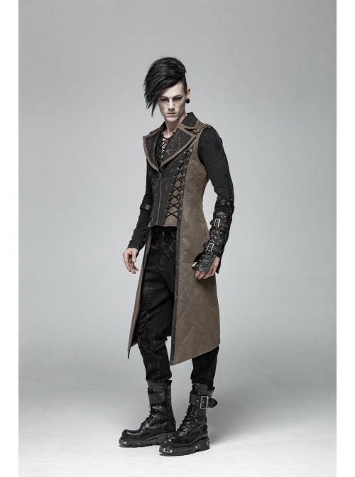 Front Zipper Metal Eyelets Lace-Up Back Waist Hasp Brown Punk Print Long Vest