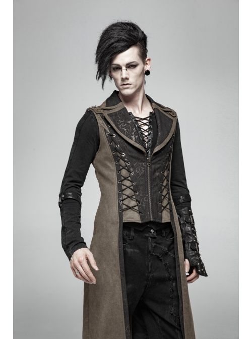 Front Zipper Metal Eyelets Lace-Up Back Waist Hasp Brown Punk Print Long Vest