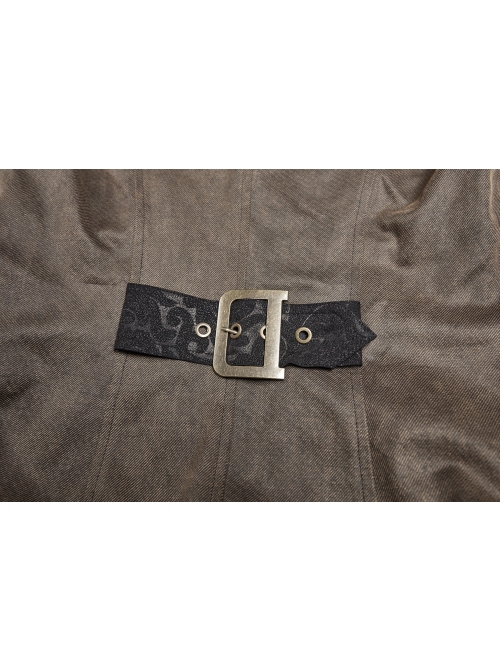 Front Zipper Metal Eyelets Lace-Up Back Waist Hasp Brown Punk Print Long Vest