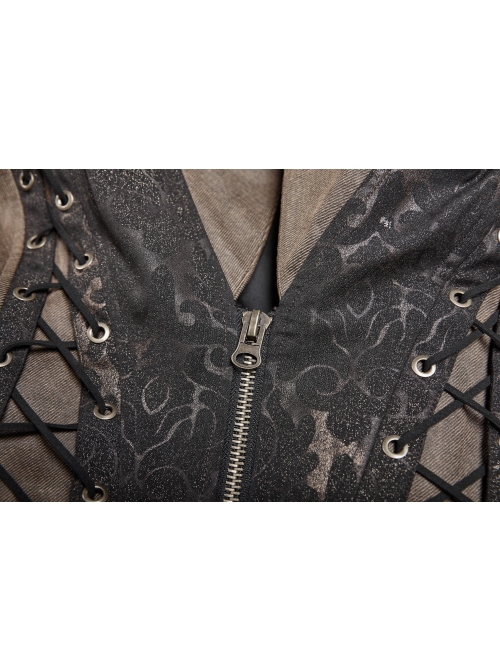 Front Zipper Metal Eyelets Lace-Up Back Waist Hasp Brown Punk Print Long Vest