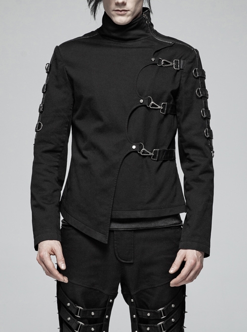 Stand-Up Collar Front Placket Asymmetrical Design Metal D-Buckle Leather Hasp Black Punk Coat