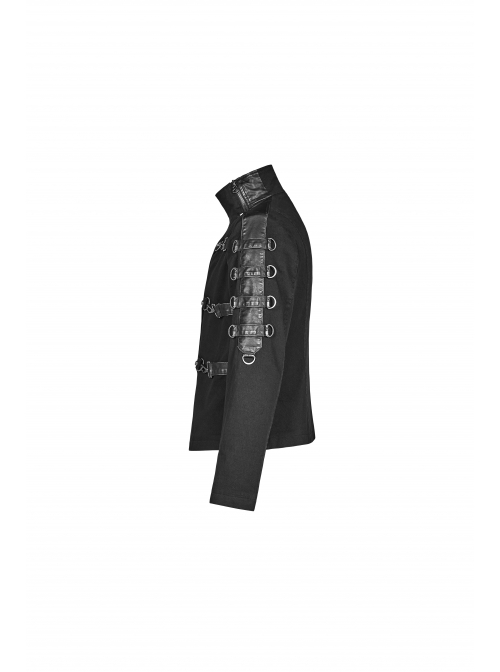 Stand-Up Collar Front Placket Asymmetrical Design Metal D-Buckle Leather Hasp Black Punk Coat