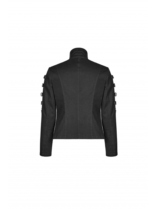 Stand-Up Collar Front Placket Asymmetrical Design Metal D-Buckle Leather Hasp Black Punk Coat