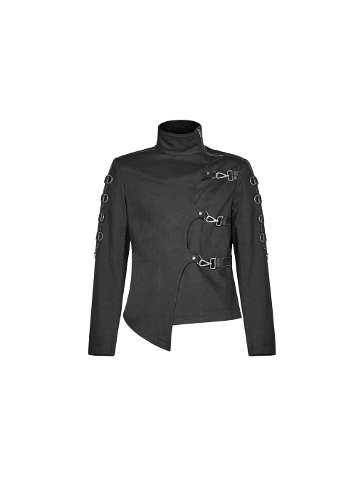 Stand-Up Collar Front Placket Asymmetrical Design Metal D-Buckle Leather Hasp Black Punk Coat