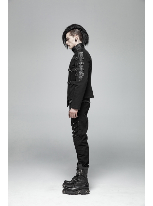 Stand-Up Collar Front Placket Asymmetrical Design Metal D-Buckle Leather Hasp Black Punk Coat
