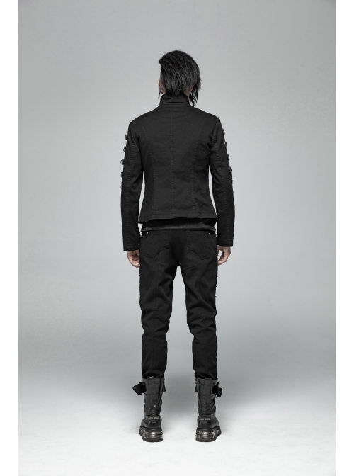 Stand-Up Collar Front Placket Asymmetrical Design Metal D-Buckle Leather Hasp Black Punk Coat