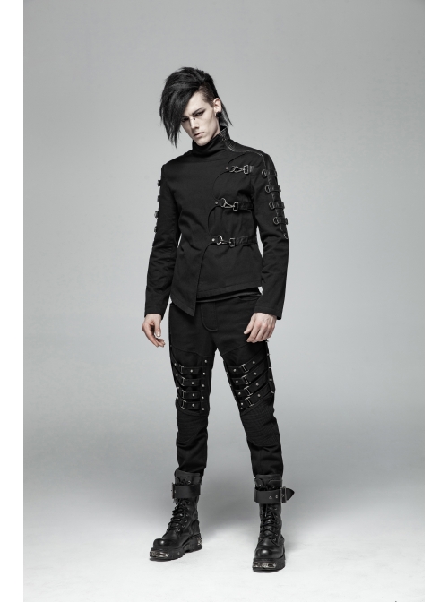 Stand-Up Collar Front Placket Asymmetrical Design Metal D-Buckle Leather Hasp Black Punk Coat