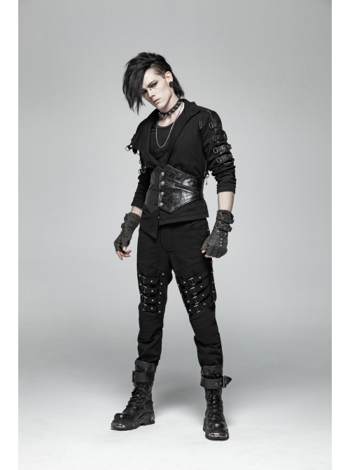 Stand-Up Collar Front Placket Asymmetrical Design Metal D-Buckle Leather Hasp Black Punk Coat