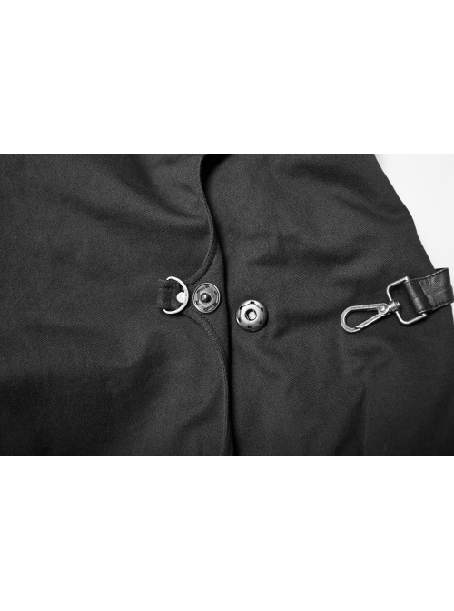 Stand-Up Collar Front Placket Asymmetrical Design Metal D-Buckle Leather Hasp Black Punk Coat