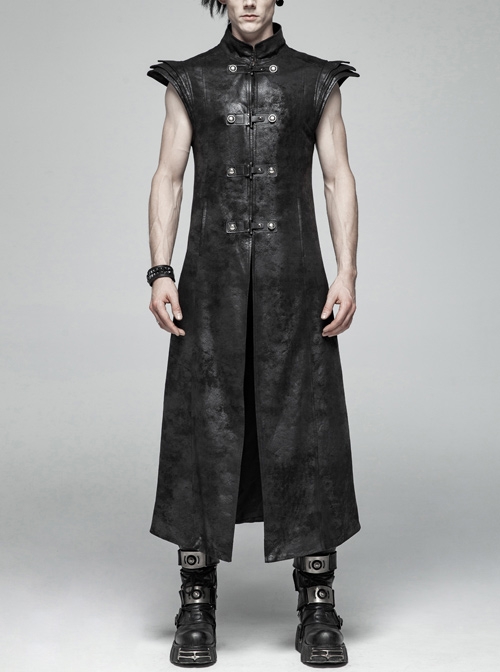 Stand-Up Collar Front Leather Hasp Armor-Shape Shoulder Black Punk Long Crack Weaved Vest