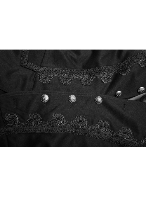 Stand-Up Collar Front Metal Button Vintage Cashew Lace Open Fork Front Hem Black Gothic Coat
