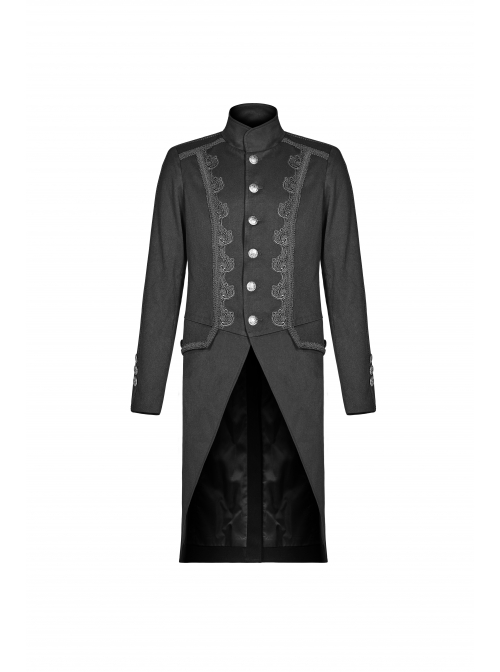 Stand-Up Collar Front Metal Button Vintage Cashew Lace Open Fork Front Hem Black Gothic Coat