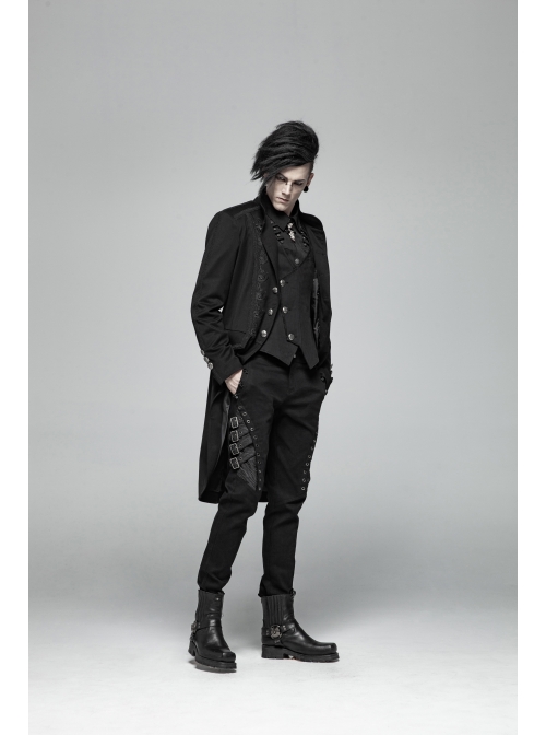 Stand-Up Collar Front Metal Button Vintage Cashew Lace Open Fork Front Hem Black Gothic Coat