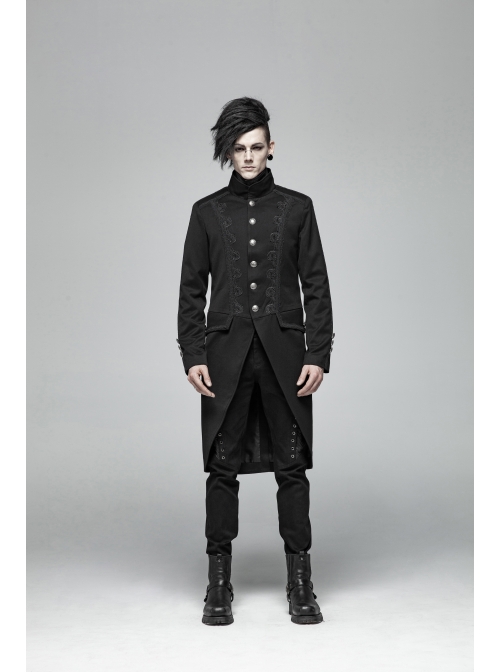 Stand-Up Collar Front Metal Button Vintage Cashew Lace Open Fork Front Hem Black Gothic Coat