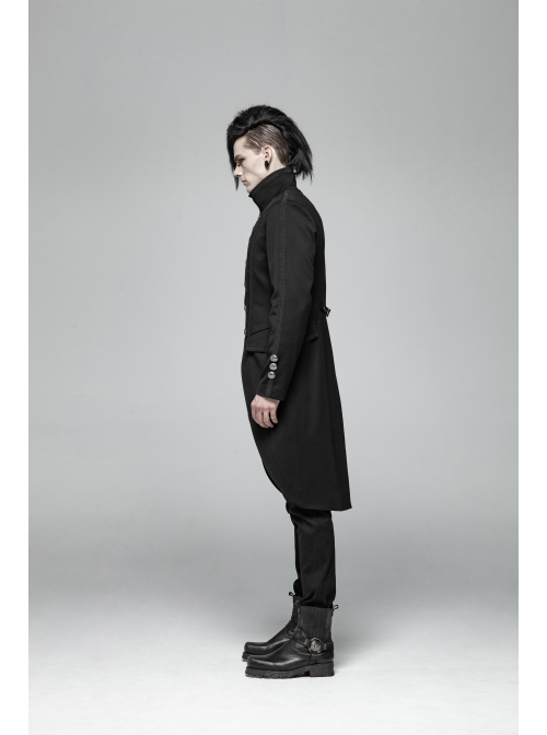 Stand-Up Collar Front Metal Button Vintage Cashew Lace Open Fork Front Hem Black Gothic Coat
