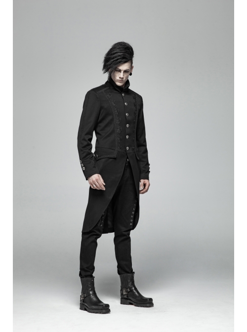 Stand-Up Collar Front Metal Button Vintage Cashew Lace Open Fork Front Hem Black Gothic Coat