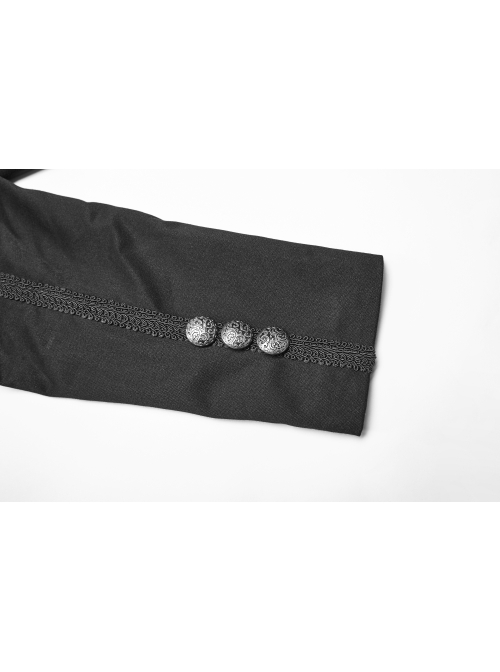 Stand-Up Collar Front Metal Button Vintage Cashew Lace Open Fork Front Hem Black Gothic Coat