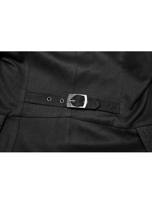 Stand-Up Collar Front Metal Button Vintage Cashew Lace Open Fork Front Hem Black Gothic Coat
