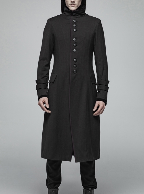 Stand-Up Collar Front Leather Button Long Sleeve Black Gothic Jacket