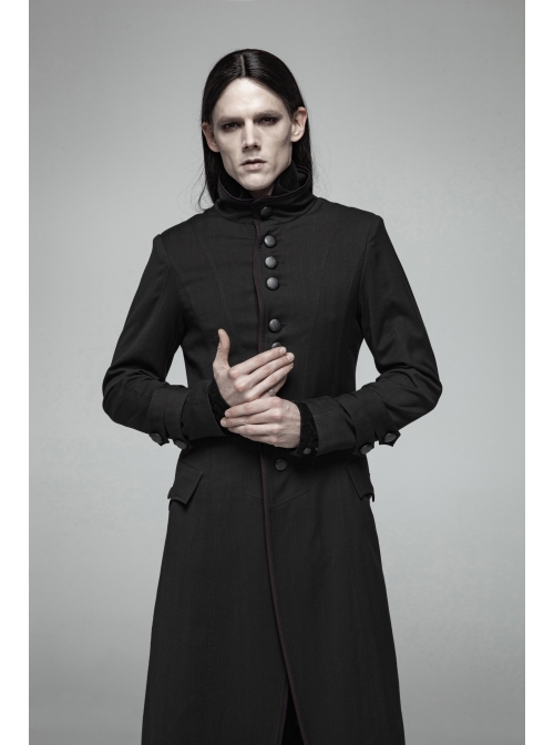 Stand-Up Collar Front Leather Button Long Sleeve Black Gothic Jacket