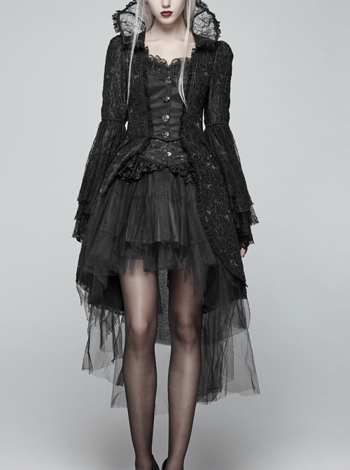 Fake Two-Piece Stand-Up Collar Front Chest Button Flare Sleeve Back Waist Lace-Up Black Gothic Jacquard Splice Lace Mesh Coat