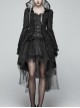 Fake Two-Piece Stand-Up Collar Front Chest Button Flare Sleeve Back Waist Lace-Up Black Gothic Jacquard Splice Lace Mesh Coat