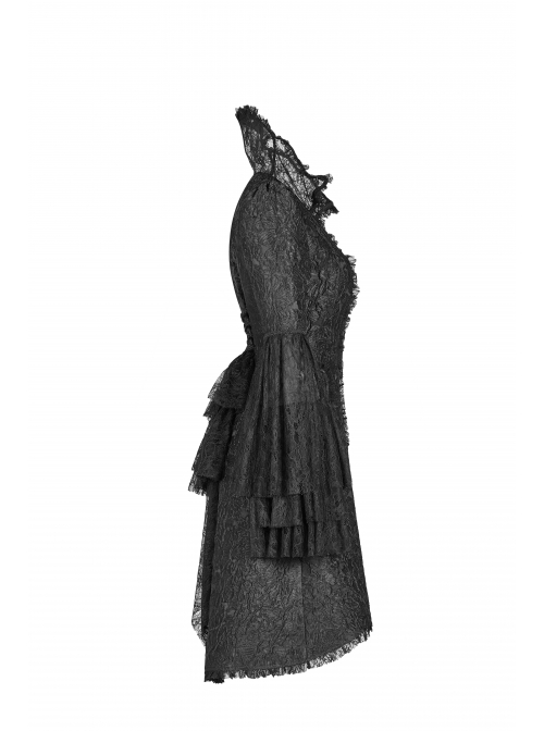 Fake Two-Piece Stand-Up Collar Front Chest Button Flare Sleeve Back Waist Lace-Up Black Gothic Jacquard Splice Lace Mesh Coat