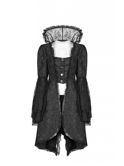 Fake Two-Piece Stand-Up Collar Front Chest Button Flare Sleeve Back Waist Lace-Up Black Gothic Jacquard Splice Lace Mesh Coat