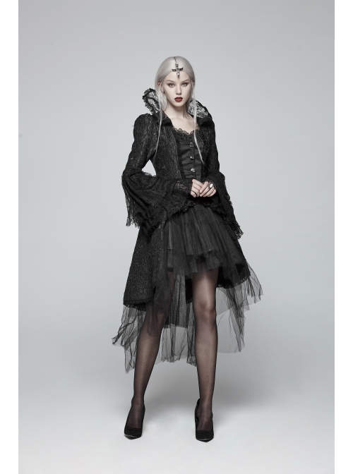 Fake Two-Piece Stand-Up Collar Front Chest Button Flare Sleeve Back Waist Lace-Up Black Gothic Jacquard Splice Lace Mesh Coat