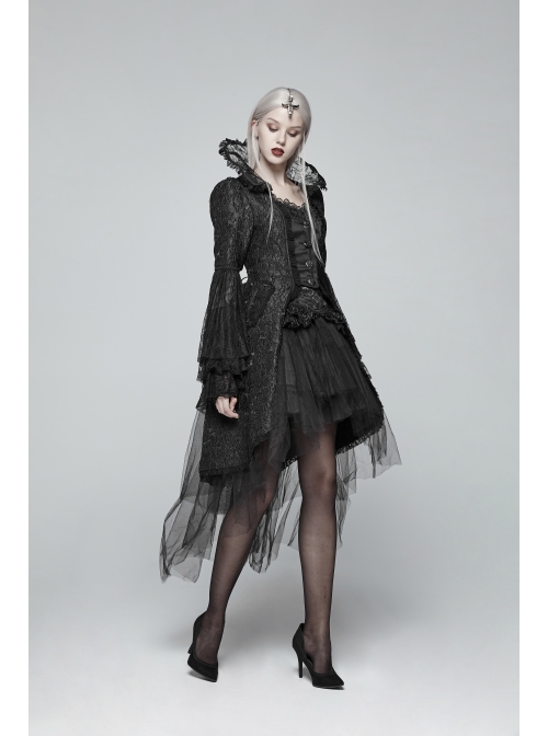 Fake Two-Piece Stand-Up Collar Front Chest Button Flare Sleeve Back Waist Lace-Up Black Gothic Jacquard Splice Lace Mesh Coat