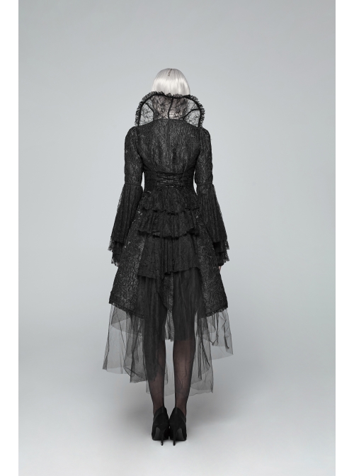 Fake Two-Piece Stand-Up Collar Front Chest Button Flare Sleeve Back Waist Lace-Up Black Gothic Jacquard Splice Lace Mesh Coat