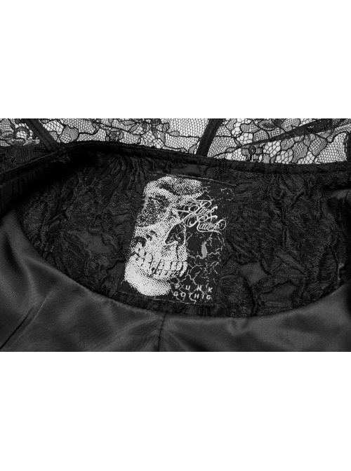 Fake Two-Piece Stand-Up Collar Front Chest Button Flare Sleeve Back Waist Lace-Up Black Gothic Jacquard Splice Lace Mesh Coat