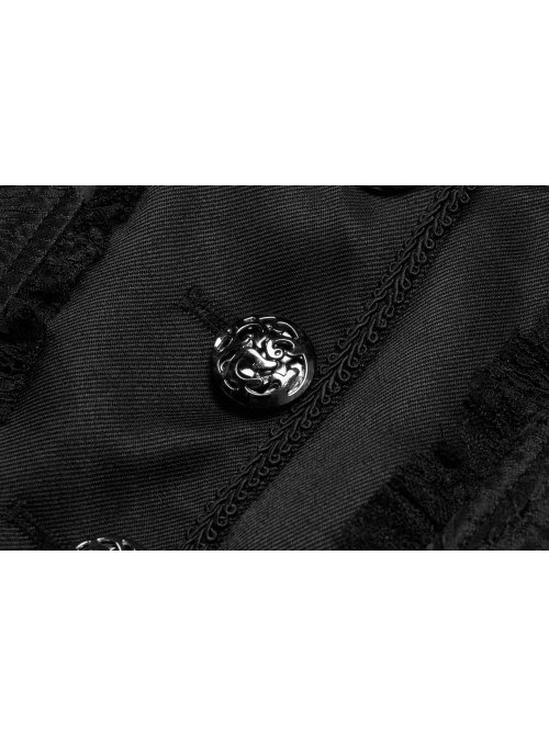 Fake Two-Piece Stand-Up Collar Front Chest Button Flare Sleeve Back Waist Lace-Up Black Gothic Jacquard Splice Lace Mesh Coat