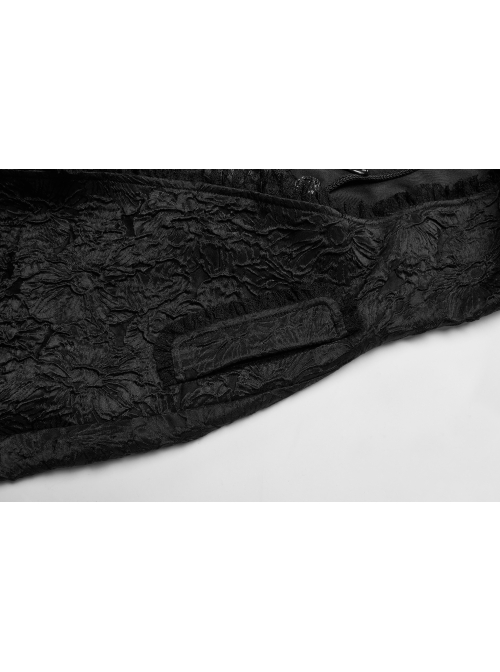 Fake Two-Piece Stand-Up Collar Front Chest Button Flare Sleeve Back Waist Lace-Up Black Gothic Jacquard Splice Lace Mesh Coat