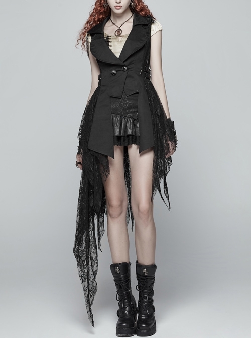 Front Metal Retro Button Side Hasp Asymmetric Lace Hem Black Gothic Chiffon Vest