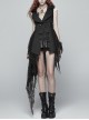 Front Metal Retro Button Side Hasp Asymmetric Lace Hem Black Gothic Chiffon Vest