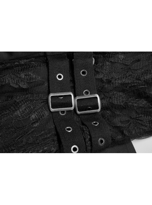 Front Metal Retro Button Side Hasp Asymmetric Lace Hem Black Gothic Chiffon Vest